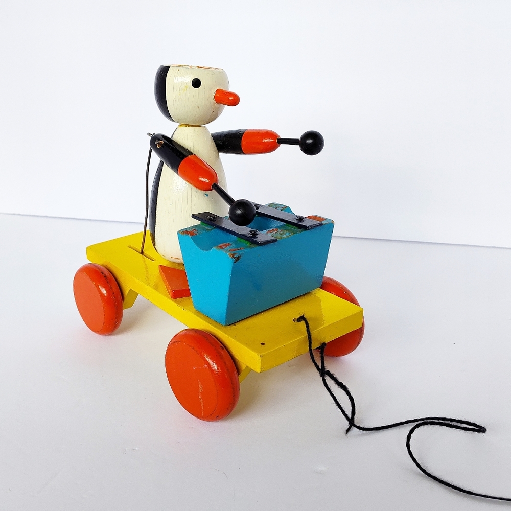 Vintage 1960s Wooden Pull-along Xylophone Playing Penguin Toy- Czechoslovakia